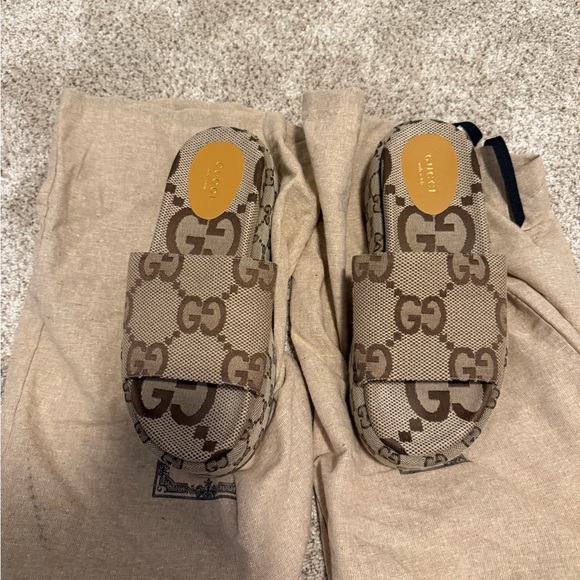 Gucci Shoes - Gucci Beige and Brown GG Monogram Slides